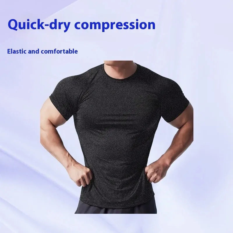 Men's stretch quick-drying round neck short sleeve T-shirt in polyester blend fabric