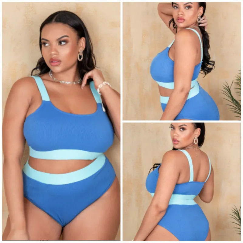 Women's pure colour high-waist bikini set with stitching detail and split styling