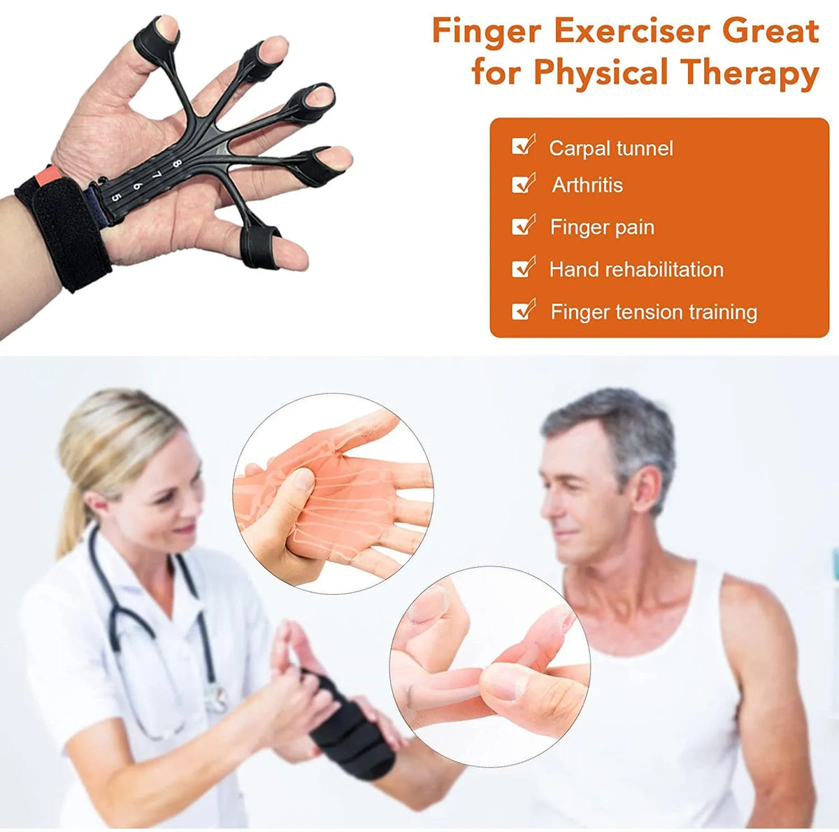 HLX black silicone finger flexion and extension rehabilitation trainer with puller and belt.
