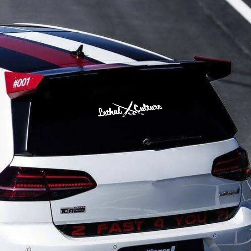 Yellow and white car rear windshield sticker with custom letters and numbers in two size options.