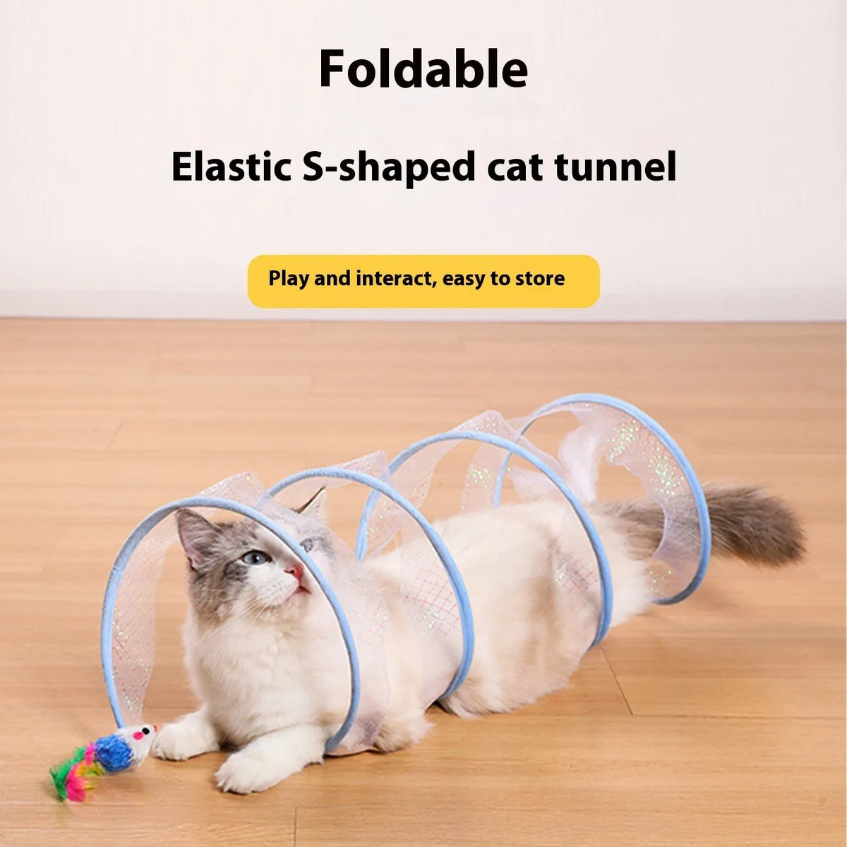 S-type cat tunnel toy with steel wire frame, elastic net, and feather attachments