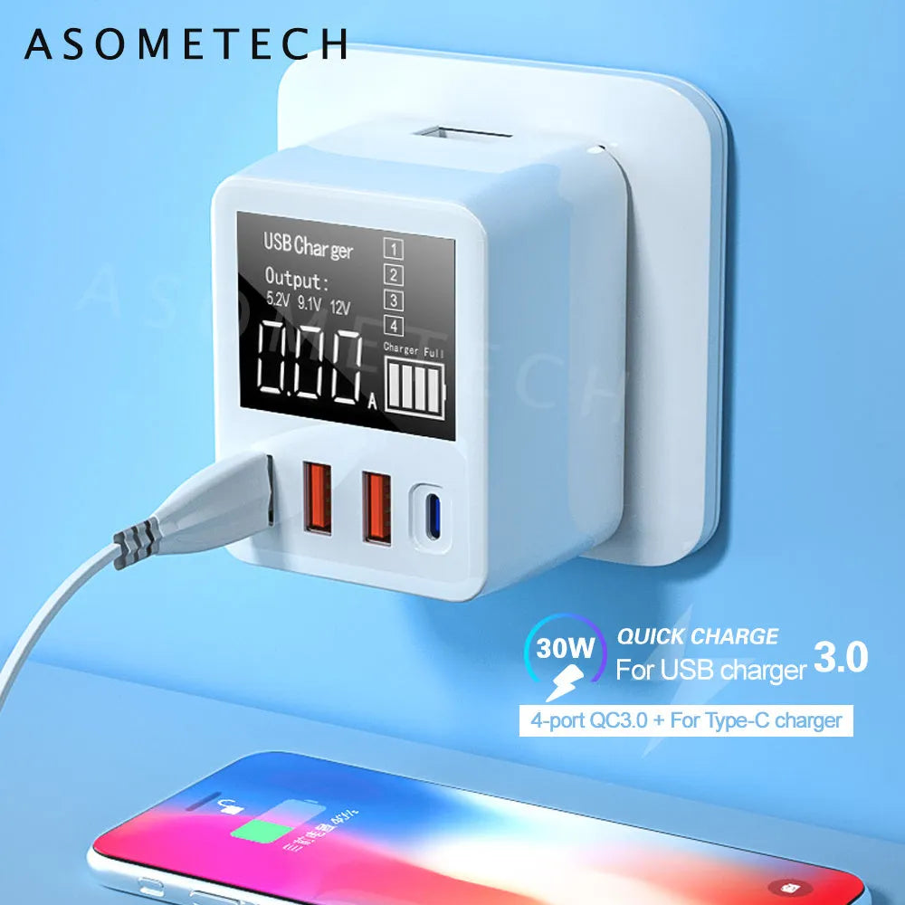 White 4-port travel charger with smart display and selectable international plugs including UK US EU AU standards