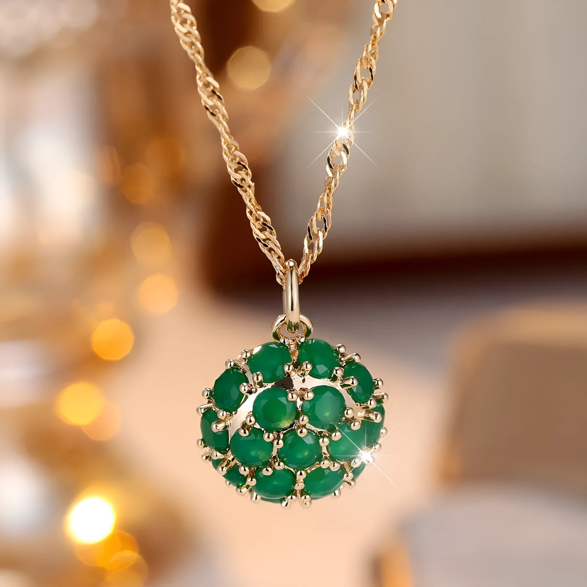 Geometric pendant necklace with round emerald diamond centrepiece on adjustable chain