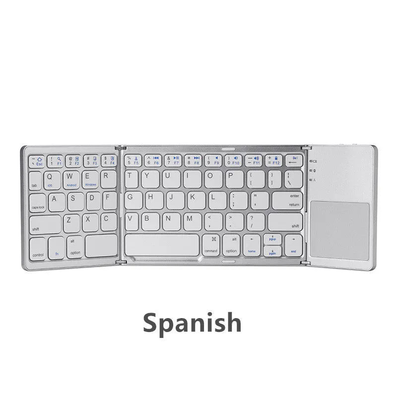 Tri-fold folding touch Bluetooth keyboard shown in black colour with touchpad, compatible with iPhone Android Microsoft devices
