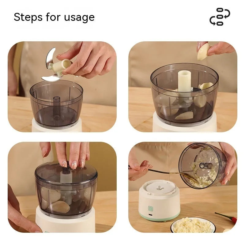 Mini electric meat grinder with transparent bowl and stainless steel blades on anti-slip pad