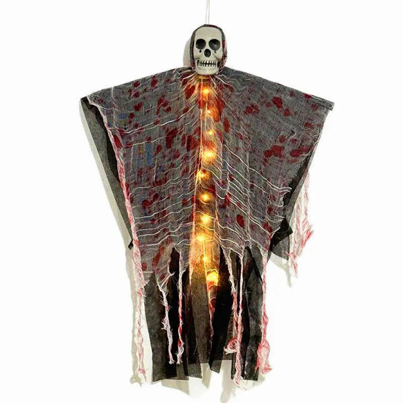 Blood-dyed luminous plastic skull and hanging ghost Halloween ornament
