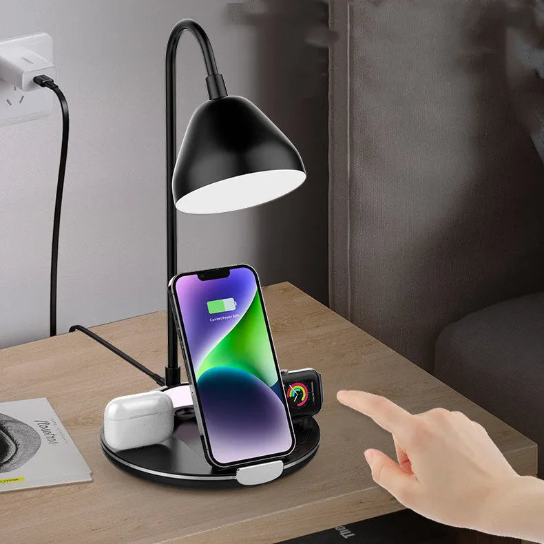 Black magnetic folding wireless charger showing folded and unfolded positions with LED indicator