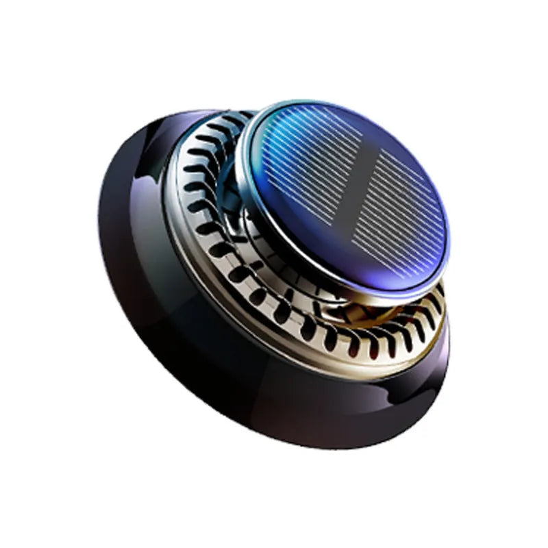 Black solar-powered car aromatherapy and electromagnetic de-icing device measuring 84mm