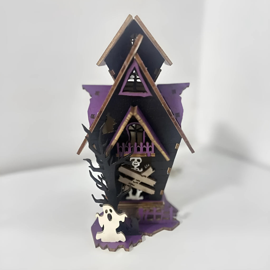 Wooden haunted house Halloween table decoration with luminous finish