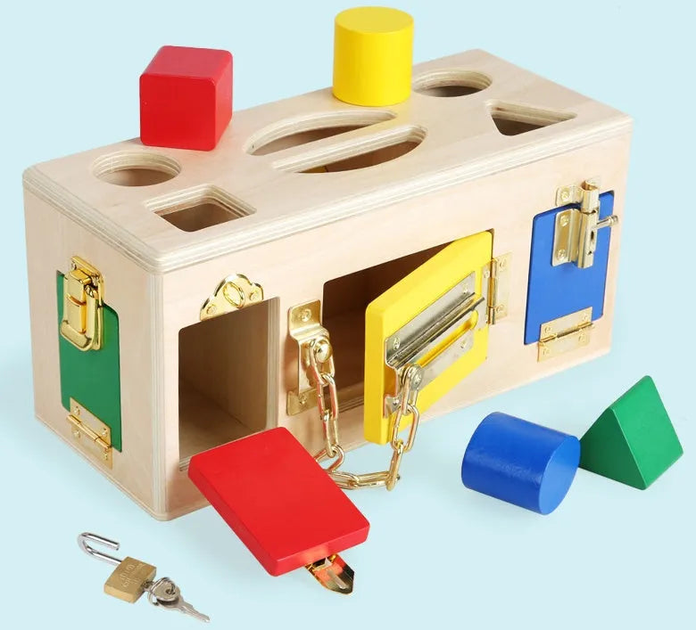 Wooden educational shape lock box with 12 geometric pieces for preschool learning