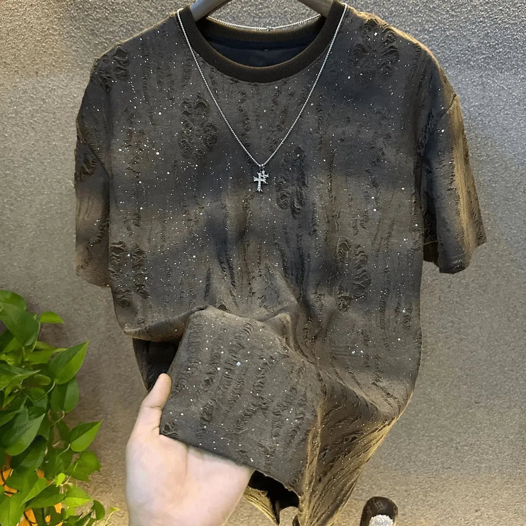 Men's short sleeve casual top, loose fit polyester blend pullover in grey, black, or brown, sizes M to 5XL, summer daily wear.