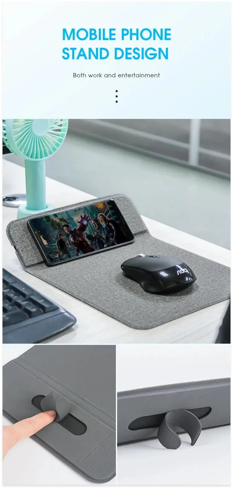 Foldable cloth wireless charging phone holder showing folded and unfolded positions