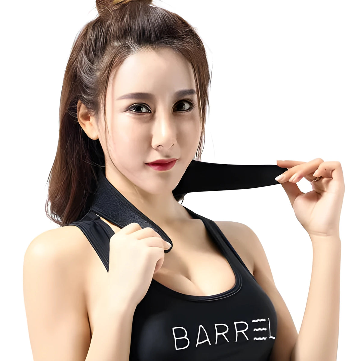Black self-heating magnetic therapy neck guard with adjustable shoulder strap on a grey background.