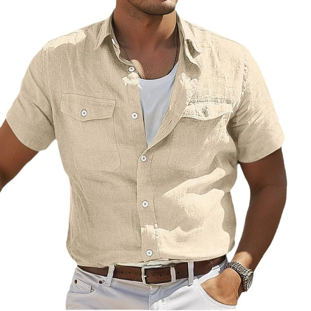 Men's loose fit cotton linen long sleeve polo collar casual cardigan shirt in solid green for summer leisure wear