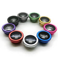 Three mobile phone lens attachments showing fisheye, wide-angle, and macro options in various colours