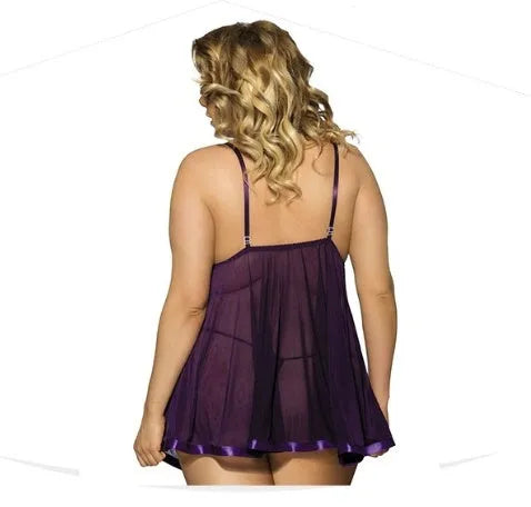 Women's purple lace and mesh lingerie sleepdress on a hanger