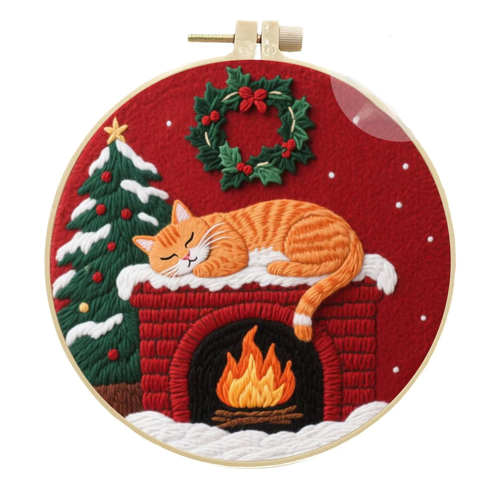 Cat embroidery DIY kit showing autumn fruit patterned cotton linen fabric with imitation bamboo embroidery frame