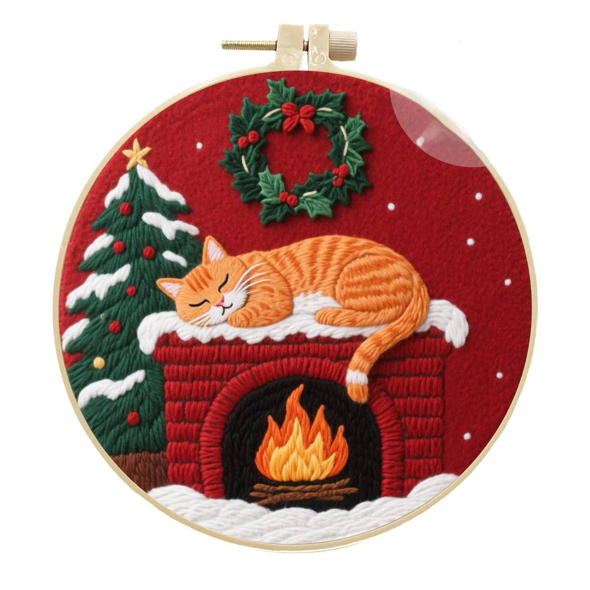 Cat embroidery DIY kit showing autumn fruit patterned cotton linen fabric with imitation bamboo embroidery frame
