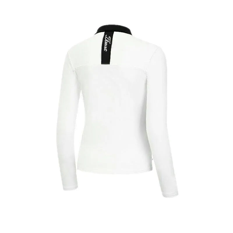 Women's white long sleeve polyester golf top for sun protection and outdoor activities