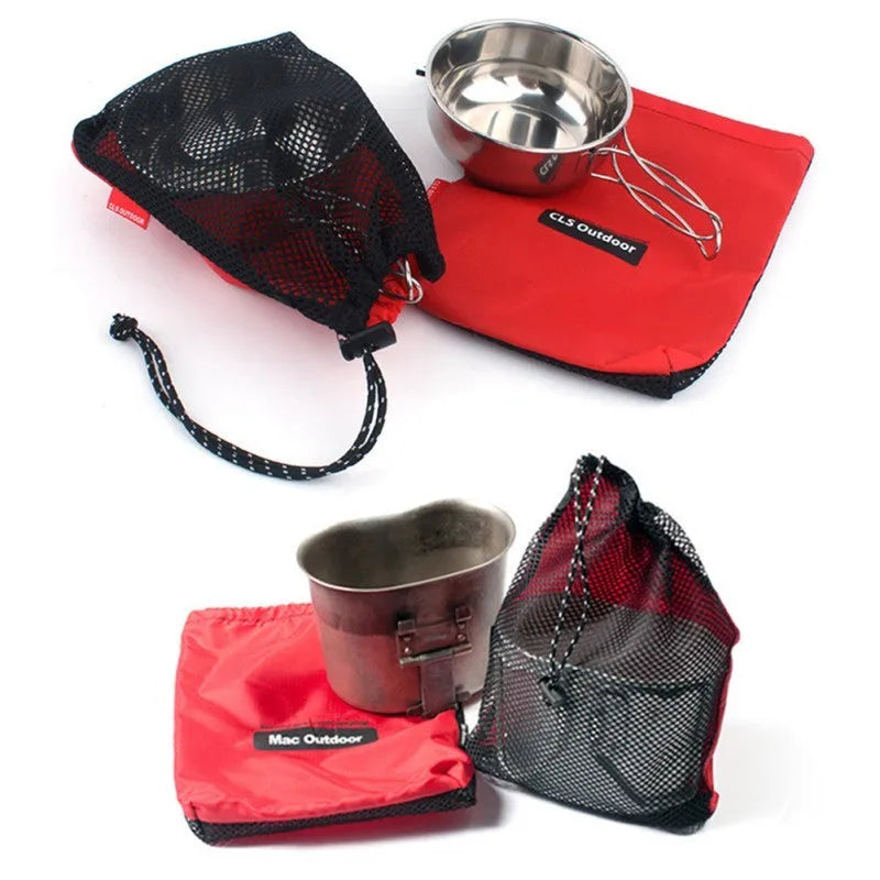 Red five-piece outdoor travel storage bag set with zipper closures on open bags showing internal pockets
