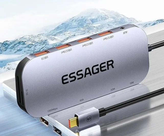 11-in-1 USB-C expansion dock hub with Gigabit Ethernet port, HDMI, USB ports, and 20cm cable