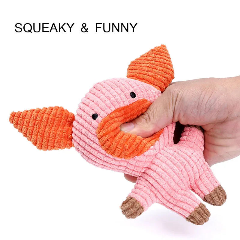 Animal shape plush squeaky dog chew toy in multiple colours for small and medium dogs