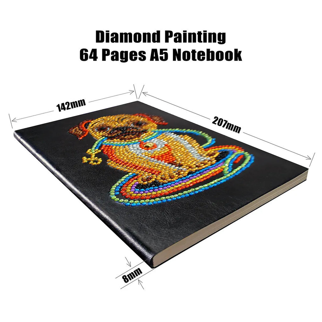 Black A5 diamond painting notebook with elastic closure showing open pages for craft organisation