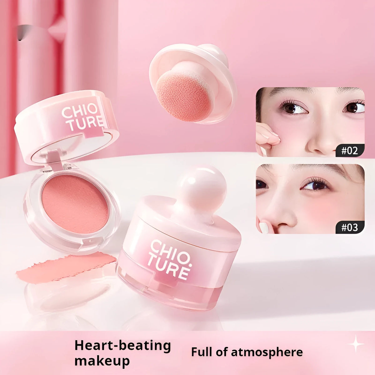 Compact of shimmer powder blush in a nude shade from a four-colour palette.