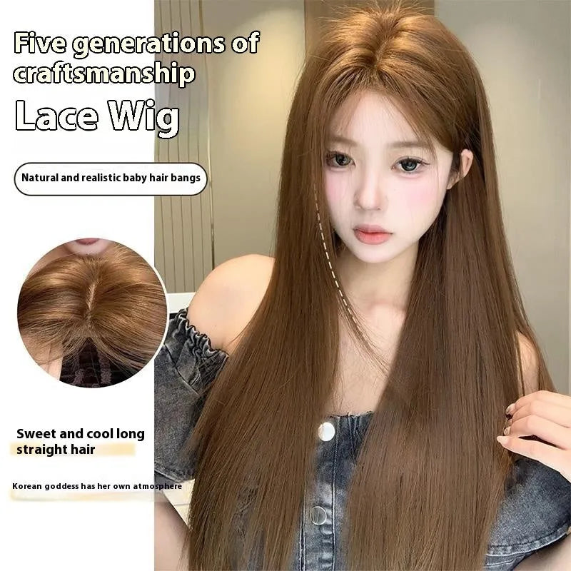 Warm brown lace front wig with long straight hair and centre-parted bangs.