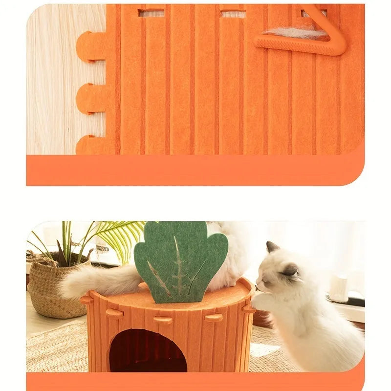 Brown carrot-shaped felt cat tunnel bed showing semi-enclosed design for feline sleeping