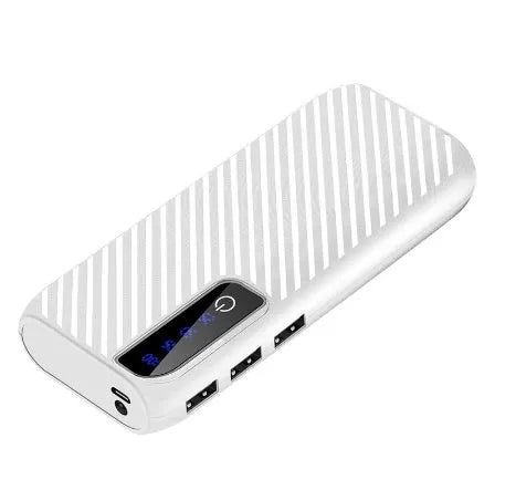 Compact 20000mAh mini power bank in multiple colours showing its size and USB ports.