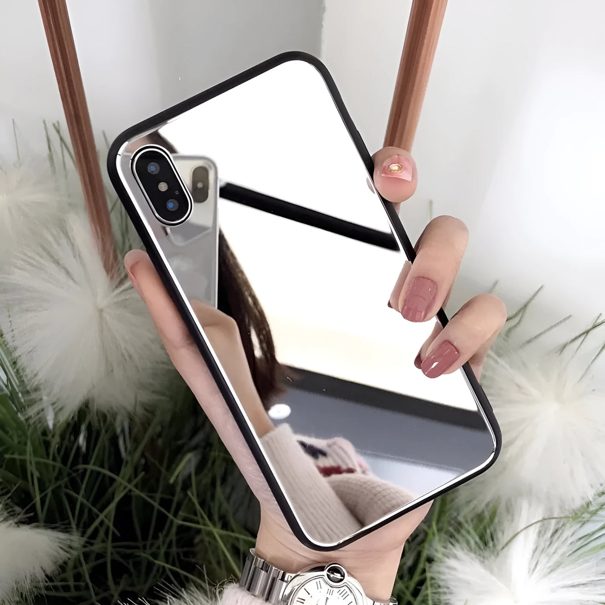 Black iPhone mirror phone case with integrated make-up mirror on back, compatible with iPhone 7 Plus, 8 Plus and X models