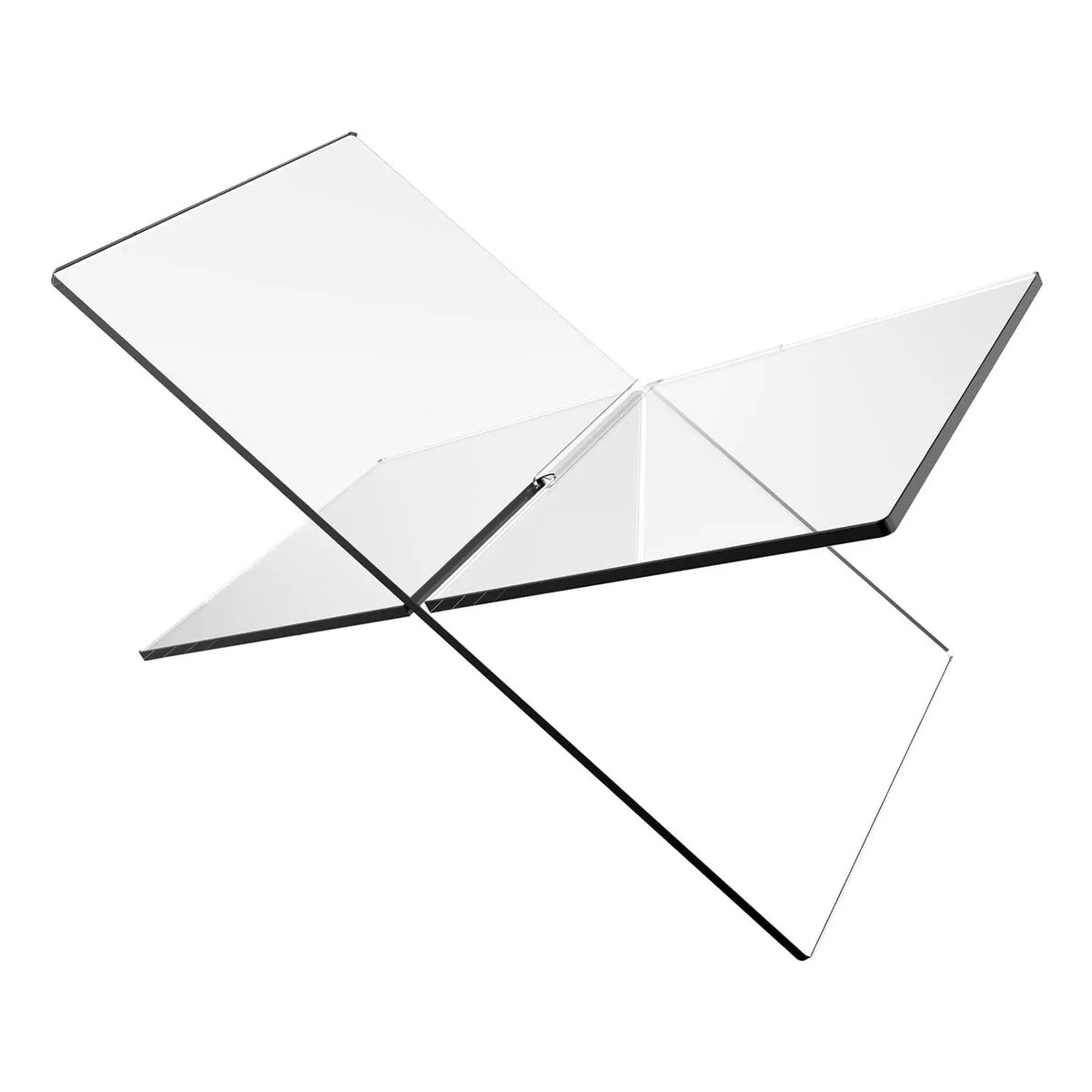 Transparent acrylic X-shaped book display rack holding books upright on desktop