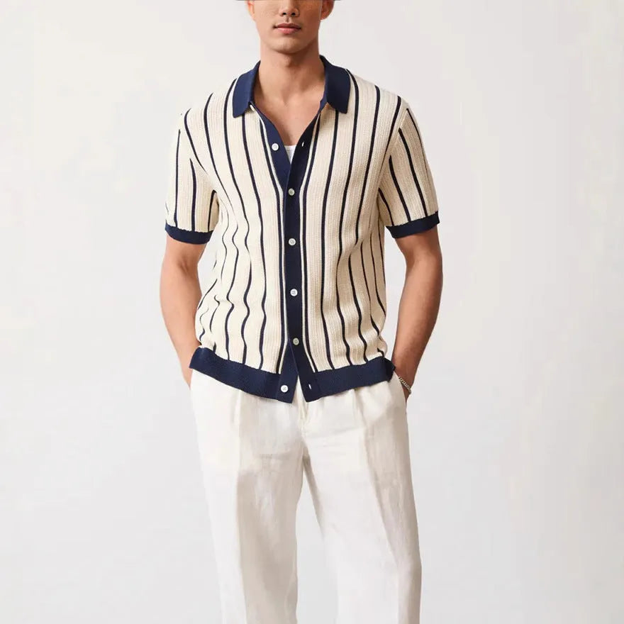 Men's white asymmetric lapel knitted shirt with short sleeves and British style design