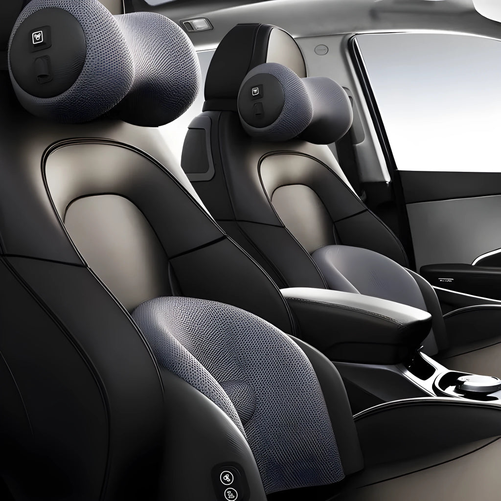 Car massage cushion and neck pillow set with memory cotton and electric massage functions in three colour options