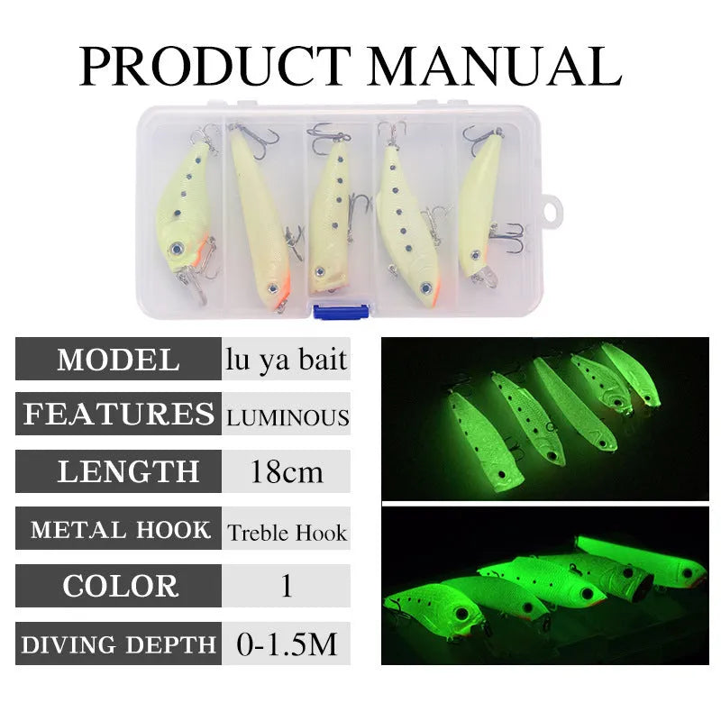 Five 3D fluorescent hard bait fishing lures with luminous effects in multi-colour set packaging