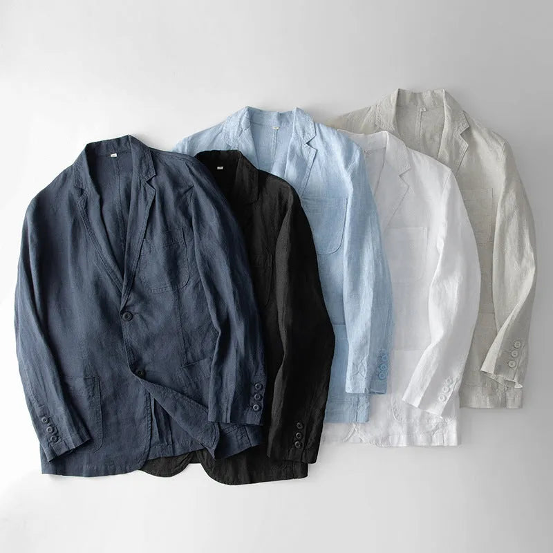 Men's loose fit linen casual blazer in solid colour with long sleeves