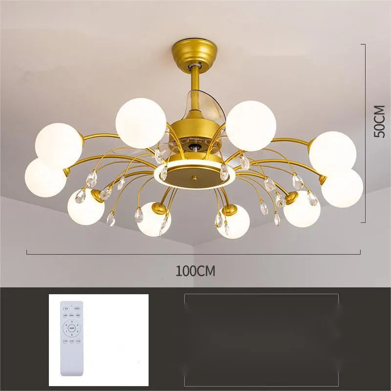 DC frequency conversion ceiling fan light with acrylic lampshade and metal blades in black or gold finish