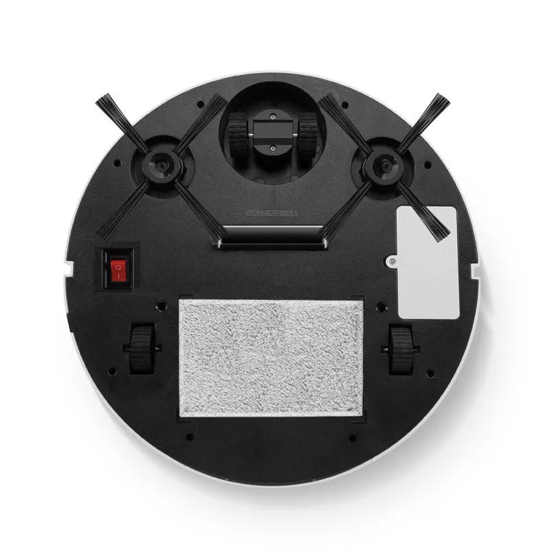 Compact white automatic sweeping robot on a wooden floor