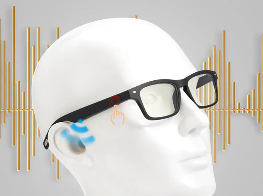 Unisex smart glasses with tinted lenses and Bluetooth audio for hands-free calls and music.