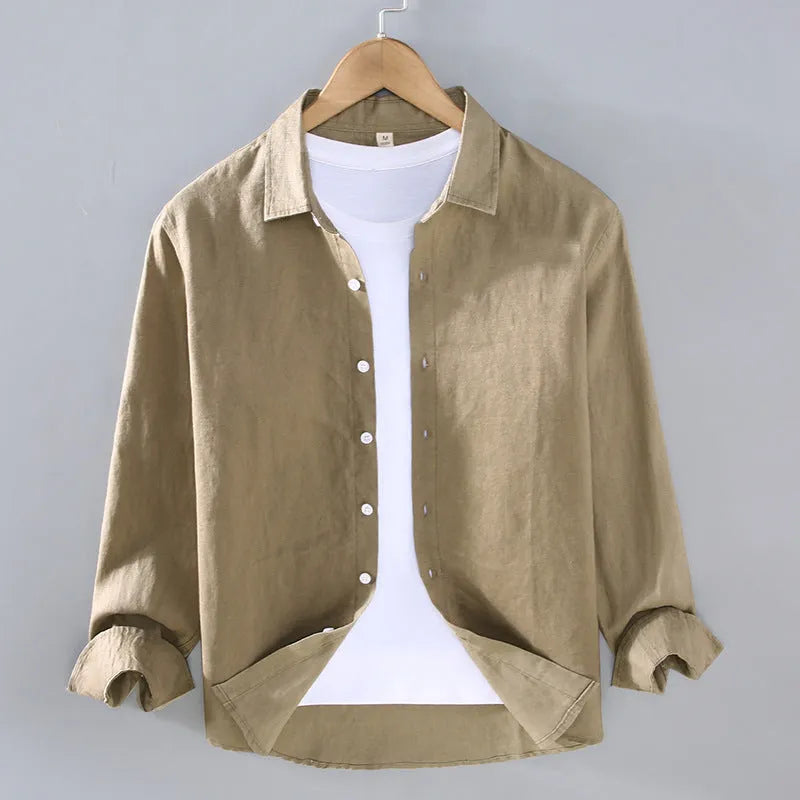 Men's pure linen shirt in cardigan style showing solid colour and long sleeves