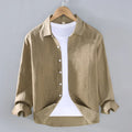 Men's pure linen shirt in cardigan style showing solid colour and long sleeves