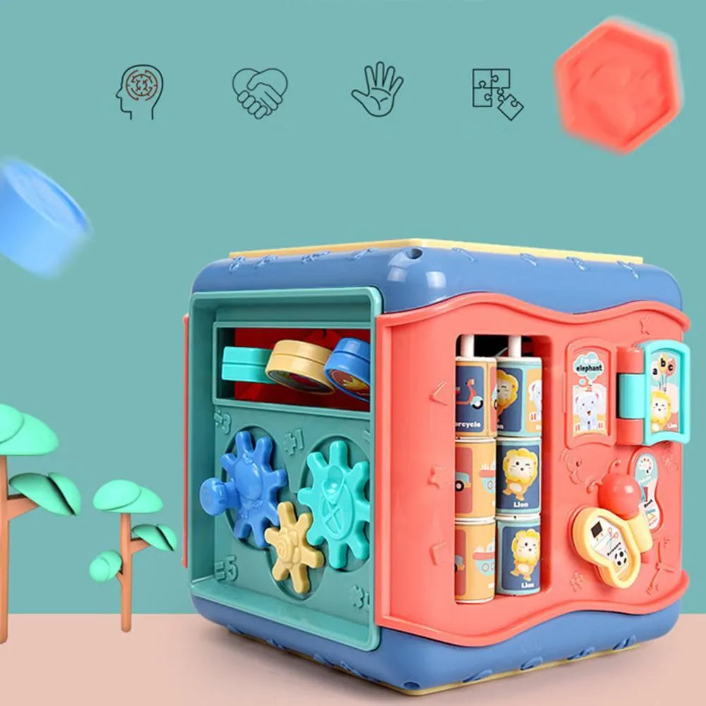 Baby hexahedron educational toy with six different games including bead maze and clock cognition