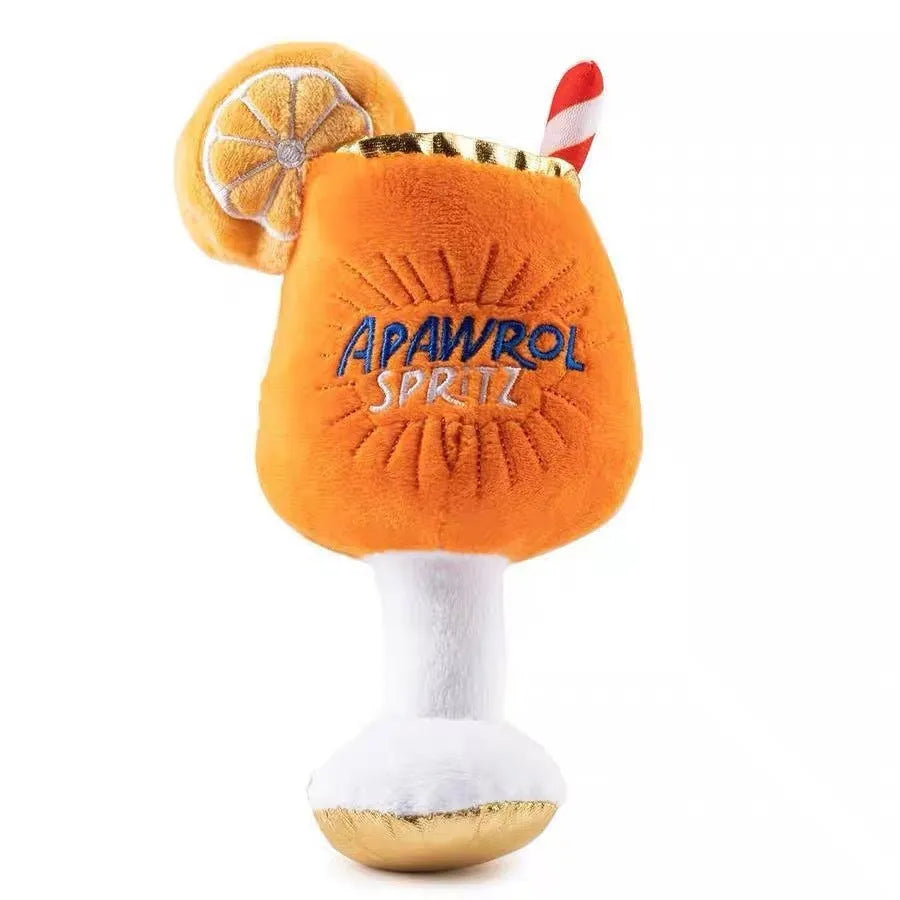 Yellow plush wine glass shaped squeaky dog toy with teeth-cleaning feature
