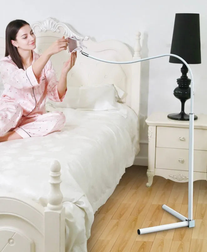 Universal mobile phone bed bracket with adjustable overhead support arm in black colour