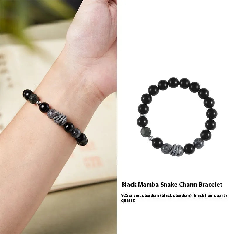 Men's S925 sterling silver snake bracelet with obsidian black hair crystal retro design