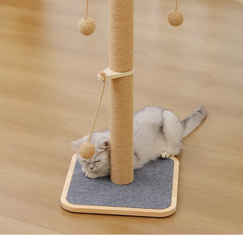 Windmill-shaped cat climbing frame with a hanging ball toy, made from pine wood with carpet leather surfaces