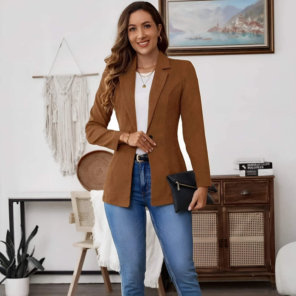 Brown men's single-breasted leisure suit coat with lapel and long sleeves
