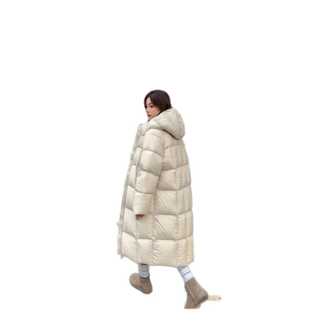 Women's mid-length padded puffer coat, over-the-knee modal fibre with white duck down, light blue black beige