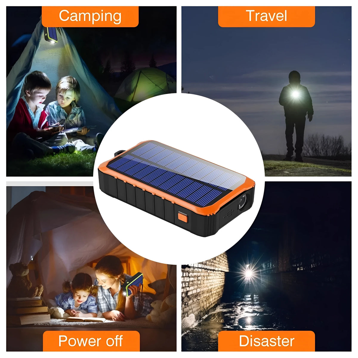 Orange or green hand crank solar power bank with solar panel, dual USB ports, and LED light.